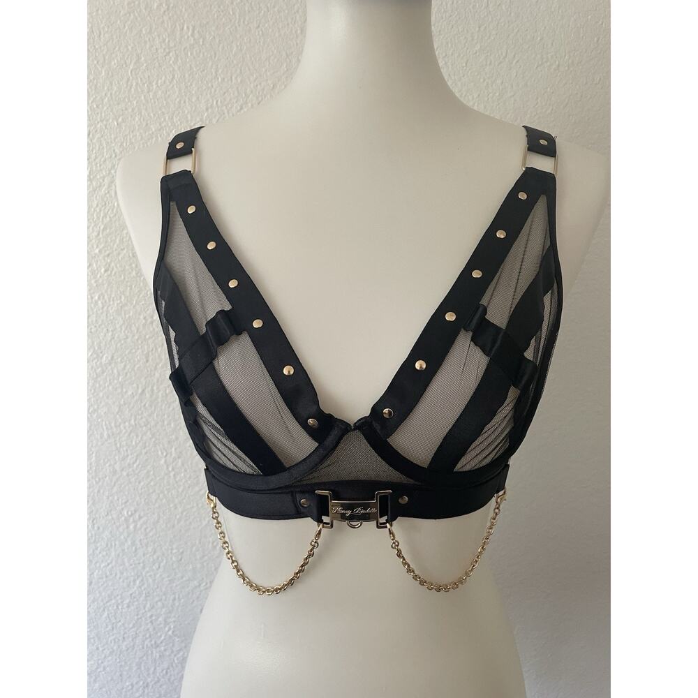 Honey Birdette Bra Indira Plunge Sheer Mesh Studded Lingerie Black FLAW